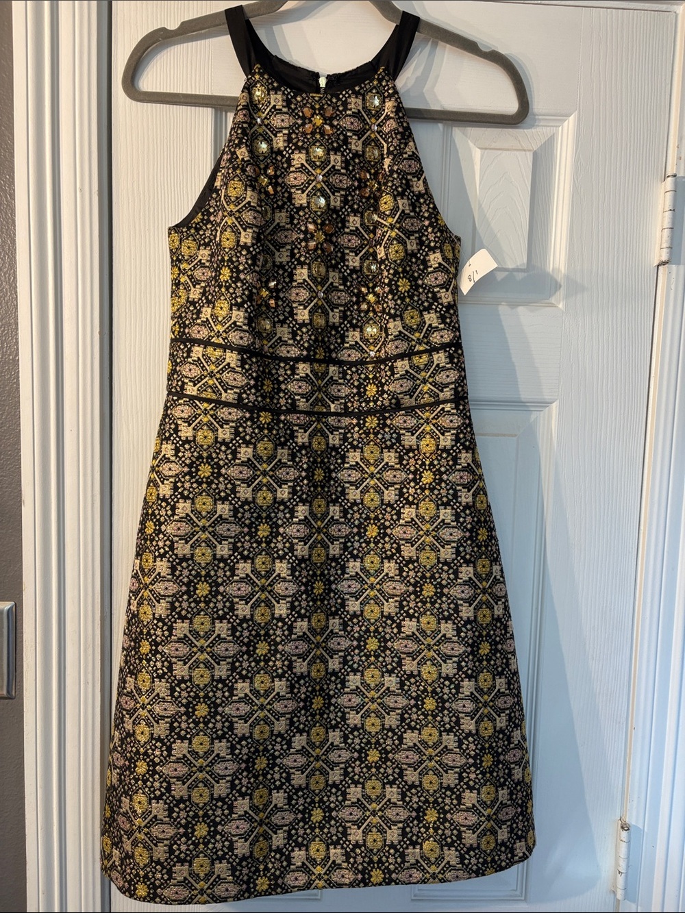 Phoebe Couture Black Gold Pink Jaquard Dress NWT Size 0